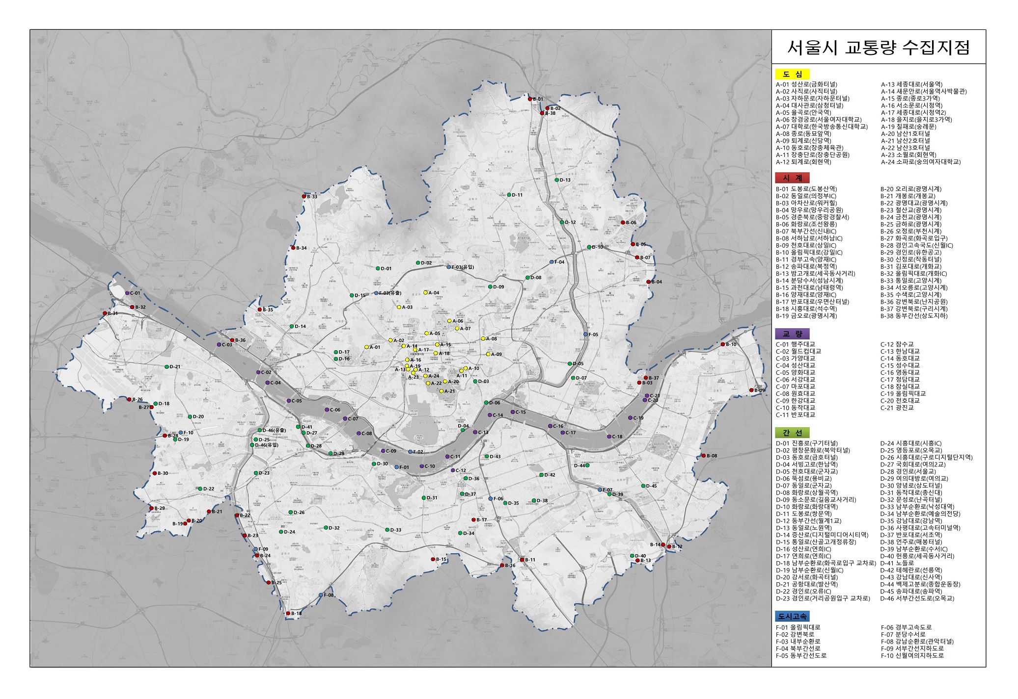
			도심
			A-01 성산로(금화터널)
			A-02 사직로(사직터널)
			A-03 자하문로(자하문터널)
			A-04 대사관로(삼청터널)
			A-05 율곡로(안국역)
			A-06 창경궁로(서울여자대학교)
			A-07 대학로(한국방송통신대학교)
			A-08 종로(동묘앞역)
			A-09 퇴계로(신당역)
			A-10 동호로(장충체육관)
			A-11 장충단로(장충단공원)
			A-12 퇴계로(회현역)
			A-13 세종대로(서울역)
			A-14 새문안로(서울역사박물관)
			A-15 종로(종로3가역)
			A-16 서소문로(시청역)
			A-17 세종대로(시청역2)
			A-18 을지로(을지로3가역)
			A-19 칠패로(숭례문)
			A-20 남산1호터널
			A-21 남산2호터널
			A-22 남산3호터널
			A-23 소월로(회현역)
			A-24 소파로(숭의여자대학교)
			시계
			B-01 도봉로(도봉산역)
			B-02 동일로(의정부IC)
			B-03 아차산로(워커힐)
			B-04 망우로(망우리공원)
			B-05 경춘북로(중랑경찰서)
			B-06 화랑로(조선왕릉)
			B-07 북부간선도로(신내IC)
			B-08 서하남로(서하남IC)
			B-09 천호대로(상일IC)
			B-10 올림픽대로(강일IC)
			B-11 경부고속도로(양재IC)
			B-12 송파대로(복정역)
			B-13 밤고개로(세곡동사거리)
			B-14 분당-수서로(성남시계)
			B-15 과천대로(남태령역)
			B-16 양재대로(양재IC)
			B-17 반포대로(우면산터널)
			B-18 시흥대로(석수역)
			B-19 금오로(광명시계)
			B-20 오리로(광명시계)
			B-21 개봉로(개봉교)
			B-22 광명대교(광명시계)
			B-23 철산교(광명시계)
			B-24 금천교(광명시계)
			B-25 금하로(광명시계)
			B-26 오정로(부천시계)
			B-27 화곡로(화곡로입구)
			B-28 경인고속국도(신월IC)
			B-29 경인로(유한공고)
			B-30 신정로(작동터널)
			B-31 김포대로(개화교)
			B-32 올림픽대로(개화IC)
			B-33 통일로(고양시계)
			B-34 서오릉로(고양시계)
			B-35 수색로(고양시계)
			B-36 강변북로(난지한강공원)
			B-37 강변북로(구리시계)
			B-38 동부간선도로(상도지하차도)
			교량
			C-01 행주대교
			C-02 월드컵대교
			C-03 가양대교
			C-04 성산대교
			C-05 양화대교
			C-06 서강대교
			C-07 마포대교
			C-08 원효대교
			C-09 한강대교
			C-10 동작대교
			C-11 반포대교
			C-12 잠수교
			C-13 한남대교
			C-14 동호대교
			C-15 성수대교
			C-16 영동대교
			C-17 청담대교
			C-18 잠실대교
			C-19 올림픽대교
			C-20 천호대교
			C-21 광진교
			간선
			D-01 진흥로(구기터널)
			D-02 평창문화로(북악터널)
			D-03 동호로(금호터널)
			D-04 서빙고로(한남역)
			D-05 천호대로(군자교)
			D-06 뚝섬로(용비교)
			D-07 동일로(군자교)
			D-08 화랑로(상월곡역)
			D-09 동소문로(길음교사거리)
			D-10 화랑로(화랑대역)
			D-11 도봉로(쌍문역)
			D-12 동부간선도로(월계1교)
			D-13 동일로(노원역)
			D-14 증산로(디지털미디어시티역)
			D-15 통일로(산골고개정류장)
			D-16 성산로(연희IC)
			D-17 연희로(연희IC)
			D-18 남부순환로(화곡로입구 교차로)
			D-19 남부순환로(신월IC)
			D-20 강서로(화곡터널)
			D-21 공항대로(발산역)
			D-22 경인로(오류IC)
			D-23 경인로(거리공원입구교차로)
			D-24 시흥대로(시흥IC)
			D-25 영등포로(오목교)
			D-26 시흥대로(구로디지털단지역)
			D-27 제물포길(여의2교)
			D-28 경인로(서울교)
			D-29 여의대방로(여의교)
			D-30 양녕로(상도터널)
			D-31 동작대로(총신대입구역)
			D-32 문성로(난곡터널)
			D-33 남부순환로(낙성대역)
			D-34 남부순환로(예술의전당)
			D-35 강남대로(강남역-신분당)
			D-36 사평대로(고속터미널역)
			D-37 반포대로(서초역)
			D-38 언주로(매봉터널)
			D-39 남부순환로(수서IC)
			D-40 헌릉로(세곡동사거리)
			D-41 노들로(여의하류IC)
			D-42 테헤란로(선릉역)
			D-43 강남대로(신사역)
			D-44 백제고분로(종합운동장)
			D-45 송파대로(송파역)
			D-46 서부간선도로
			도시고속
			F-01 올림픽대로
			F-02 강변북로
			F-03 내부순환로
			F-04 북부간선로
			F-05 동부간선도로
			F-06 경부고속도로
			F-07 분당수서로
			F-08 강남순환로(관악터널)
			F-09 서부간선지하도로
			F-10 신월여의지하도로